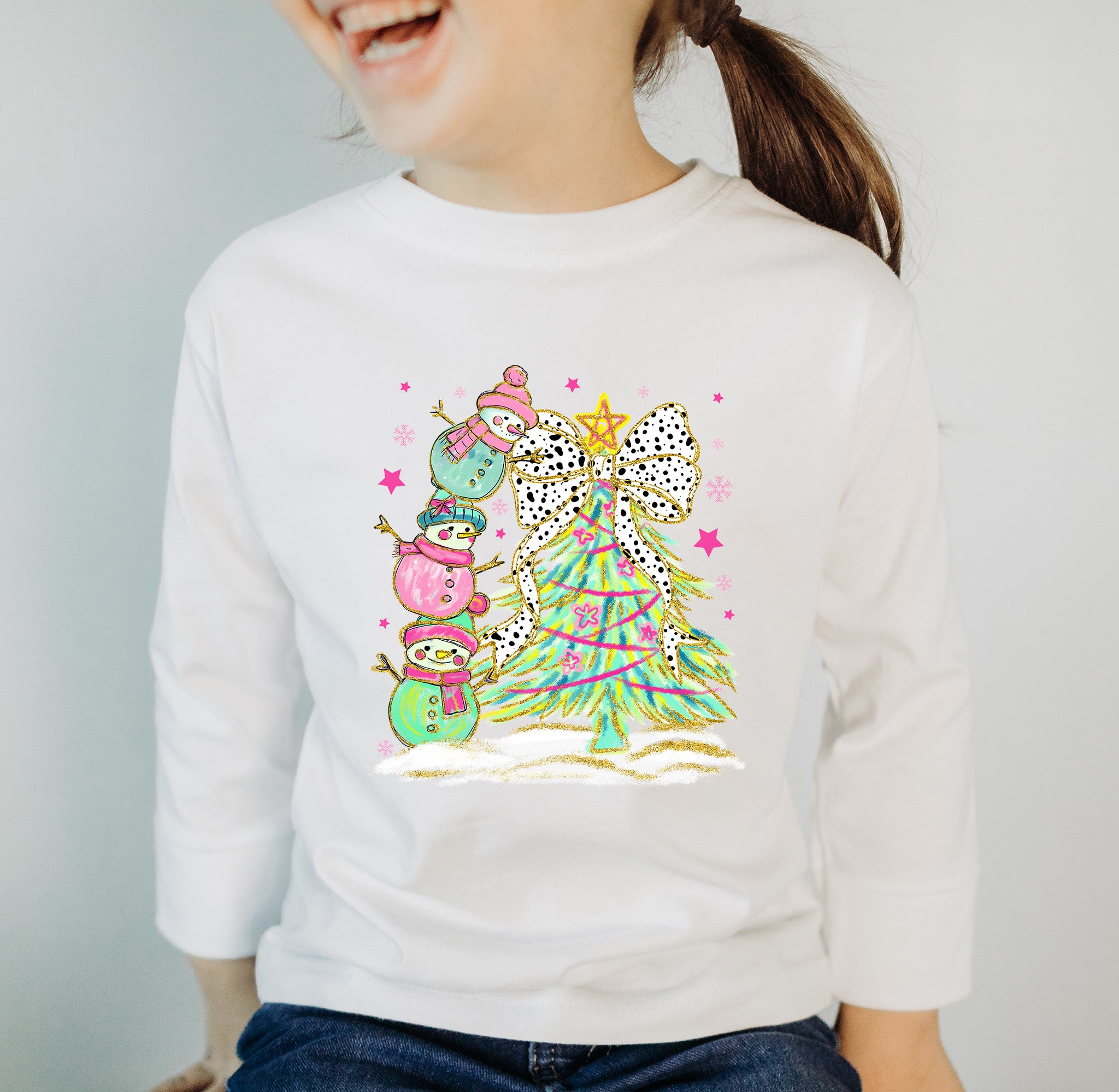 Snowman Christmas Tree Tower Long-Sleeve Tee {Unisex Youth}
